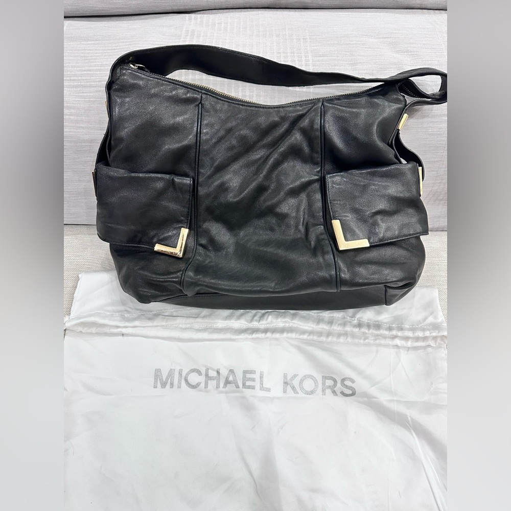 Michael Kors Black Leather Tote with Gold Details